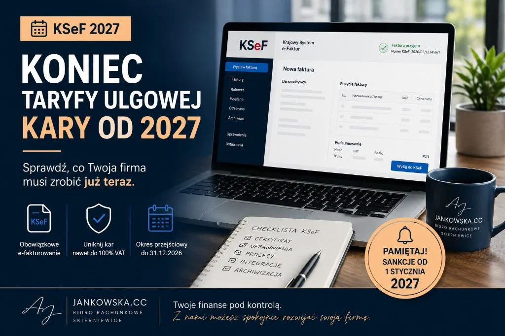 KSeF 2027 — koniec taryfy ulgowej, kary od 2027: obowiązkowe e-fakturowanie, uniknij kar do 100% VAT, okres przejściowy do 31.12.2026. Biuro rachunkowe Jankowska.cc Skierniewice